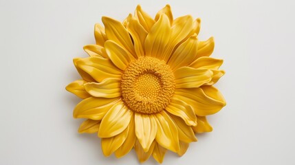 Close-up of a vibrant yellow sunflower sculpture against a plain white background.