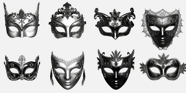 Collection of six black and white masquerade masks for use in various themes, events or stories