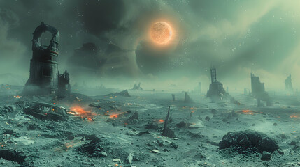  A dystopian solar planet with a bleak landscape and remnants of war-torn structures