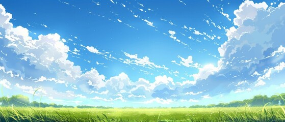 Fototapeta premium Serene landscape with clear blue sky and fluffy clouds on sunny day