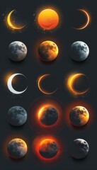 Icon set depicting solar and lunar eclipses One shows sun partially obscured by moon, another moon