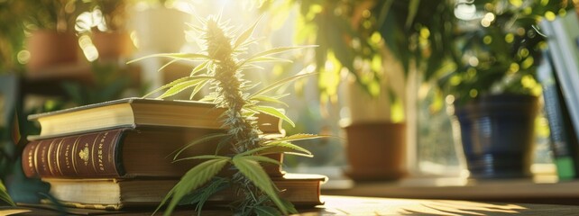 Educational books on cannabis cultivation and history bathed in sunlight, inviting atmosphere