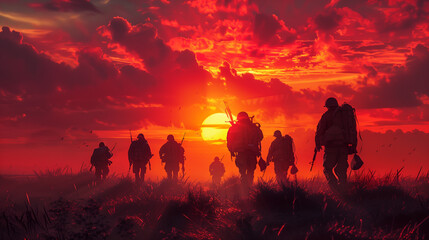 Fototapeta premium A group of silhouettes of soldiers are walking against the background of the setting sun