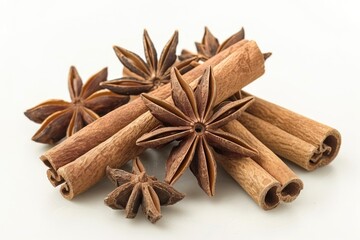 A bundle of cinnamon sticks and star anise arranged on a clean white surface, perfect for use in cooking or as a decorative element