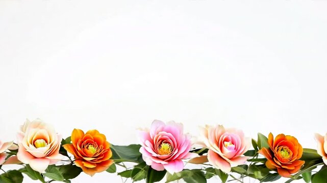 Floral border of pink and orange ranunculus, hyacinth and eucalyptus on a white background. Top view