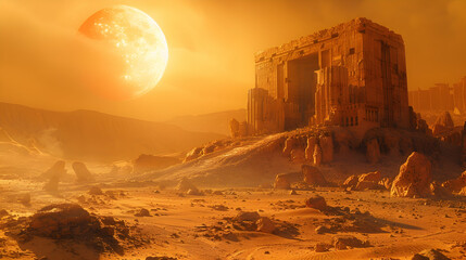  A dystopian solar planet with a barren landscape and ruins of ancient civilizations