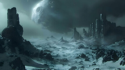 Fototapeta premium A dystopian solar planet with a bleak landscape and remnants of war-torn structures