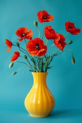 Elegant red poppy bouquet in yellow vase vibrant blue background
