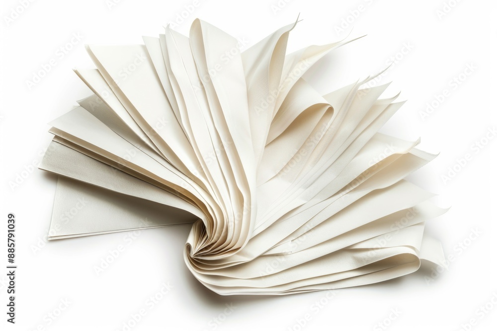 Poster a stack of folded books sitting on a clean white surface, perfect for use in editorial or commercial