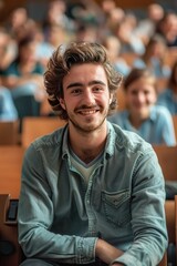 Fototapeta premium Cheerful portrait of French Caucasian university male student in college lecture