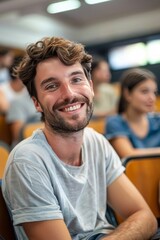 Fototapeta premium Cheerful portrait of French Caucasian university male student in college lecture