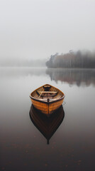 Solitary Drift: A Wooden Boat Floating On A Misty Lake Representing Aimless Journey and Serene Solitude