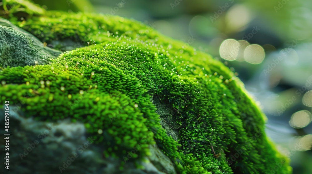 Poster a close-up view of a moss-covered rock with intricate green and brown patterns