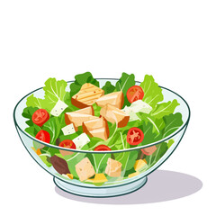 Caesar salad in glass bowl on a white background in cartoon style. Chicken caesar salad vector illustration, color clip art for menu, poster.