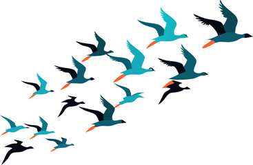 Obraz premium Colorful vector illustration depicting a flock of birds flying in formation, emphasizing themes of unity, freedom, and movement.