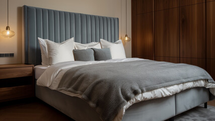 Modern style bedroom interior with luxury furniture and decor