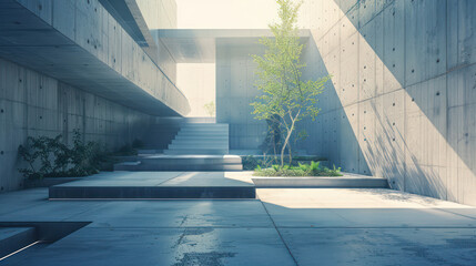 abstract 3d render of a stair of courtyard of brutalism concrete architecture shows the lines of shadow from the window reflection on the floor  lighting and shade  frames