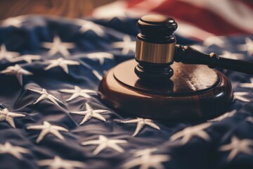 close up of wooden gavel on top an american flag background Generative AI