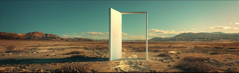 Surreal white door in desert, enigmatic and intriguing amidst vast arid terrain