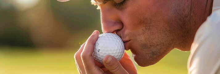 Caucasian golfer man kisses golf ball, showing deep devotion to sport and its significance in his