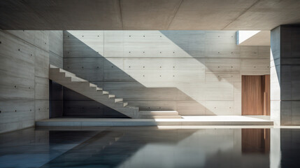 abstract 3d render of a stair of brutalism concrete architecture shows the lines of shadow from the window  lighting and shade  frames