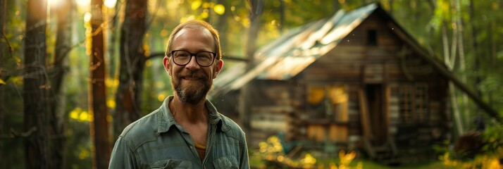 Mature man enjoys weekend getaway nature, savoring peace at forest cabin cottage house