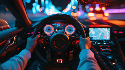 Pov view of hands of driver holding wheel, windshield and navigation, dashboard inside car at night. Concept of drive, interior, road, steering