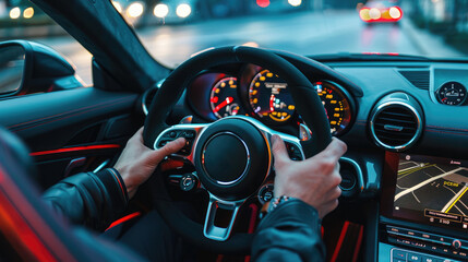 Hands of driver holding wheel, windshield and navigation, dashboard view inside car at dusk. Concept of drive, interior, road, steering, display