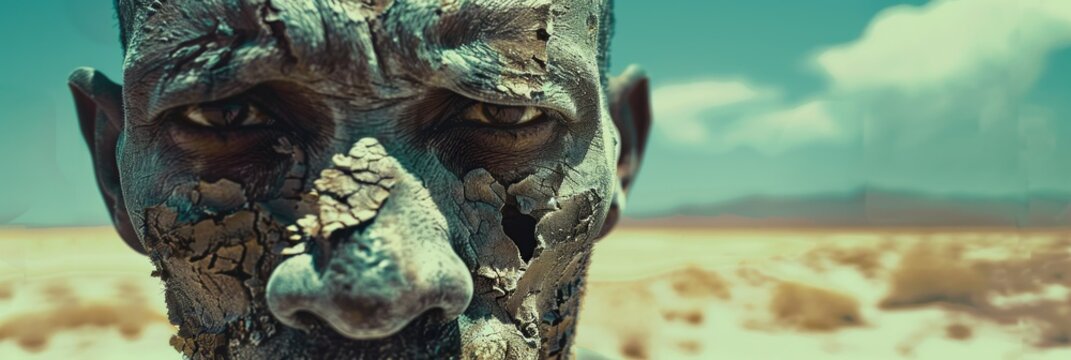 Man adapted arid desert life, weathered face shows survival amidst harsh landscape