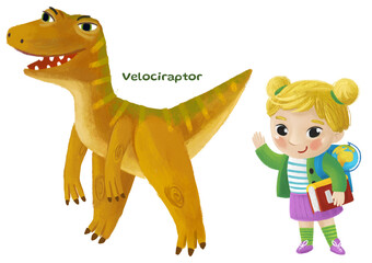 cartoon happy and funny colorful prehistoric dinosaur dino velociraptor isolated illustration with child pointing on animal