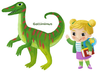cartoon happy and funny colorful prehistoric dinosaur dino gallimimus isolated illustration with child pointing on animal