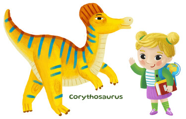 cartoon happy and funny colorful prehistoric dinosaur dino cerythosaurus isolated illustration with child pointing on animal