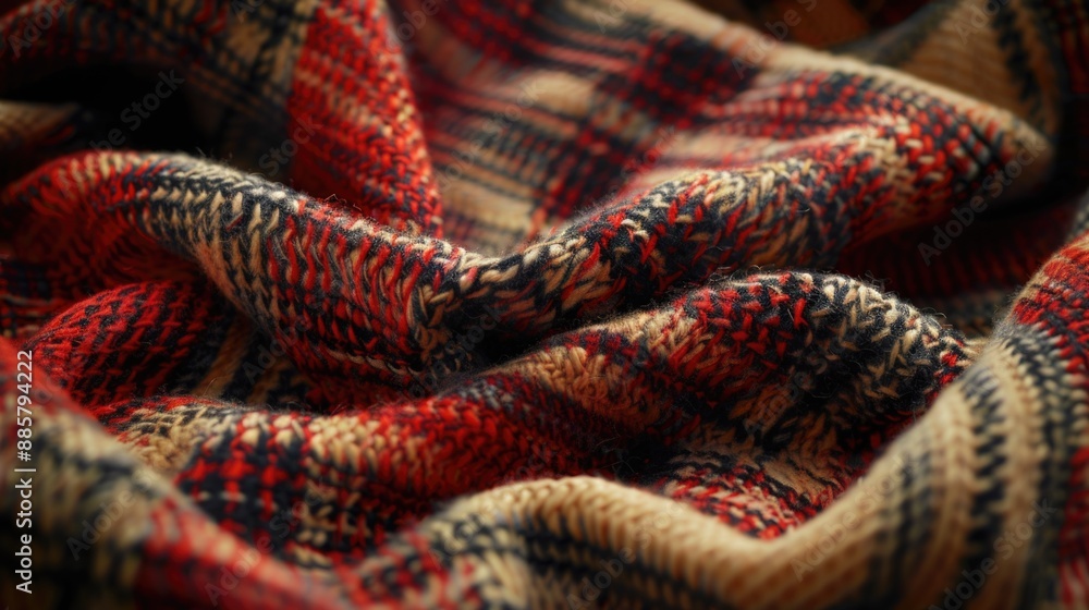 Poster A close-up shot of a red and blue blanket with intricate patterns and textures