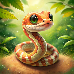 Fototapeta premium Cute cheerful little green or mint snake in a basket with flowers. Symbol of 2025. Happy funny serpent. Realistic drawing on a white background. Chinese 2025 New Year symbol.