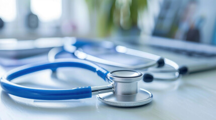 A blue stethoscope placed on a doctor's desk, representing healthcare, medical practice, and professional equipment.