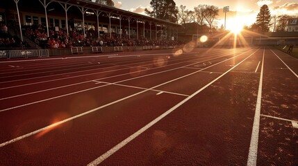 Sunset casting long shadows over a quiet running track with spectators in a stadium.