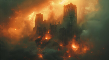 Fototapeta premium A dystopian solar planet with the remains of a fallen empire and a dark sky