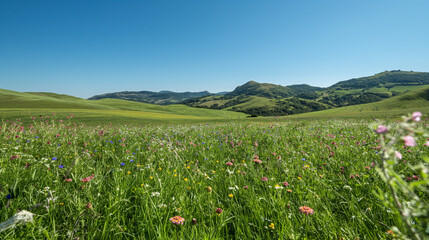Obraz premium A lush green meadow with wildflowers blooming under sky