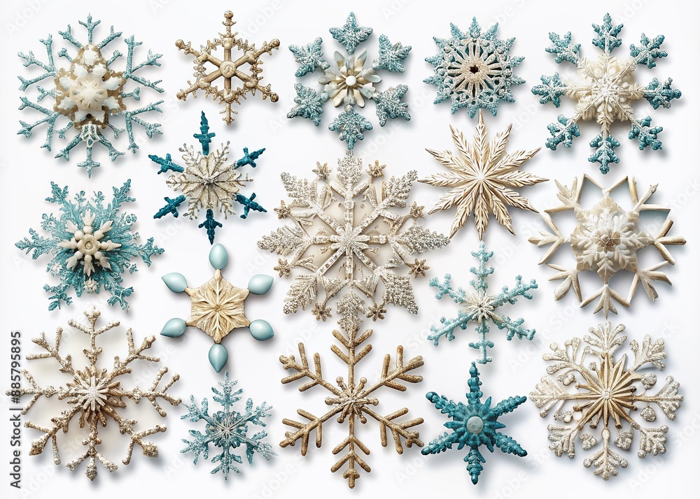 Poster intricate and delicate, a collection of unique snowflakes with varying shapes and patterns are isola