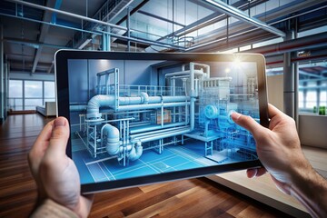 Augmented reality technology overlays digital twin engineering of an HVAC system onto blueprints on a table, showcasing innovative design and precision engineering.