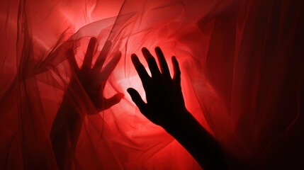 A photograph of hands pressed against a translucent surface, silhouetted in an eerie, dark red light, fingers spread out and creating a haunting, ghostly impression