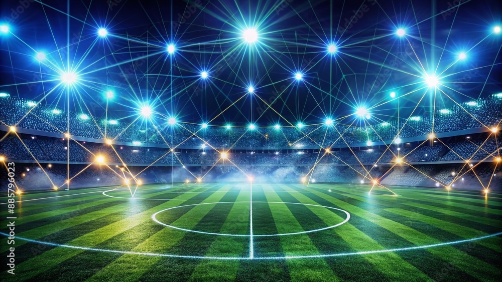 Poster futuristic digital soccer field illuminated by glowing network connections, circuits, and wires, sym