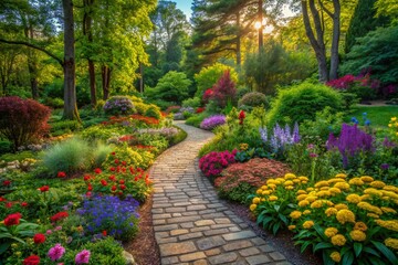 Obraz premium Serene ambiance surrounds a winding stone path lined with vibrant greenery, colorful blooms, and tall trees, inviting exploration of this tranquil and picturesque garden oasis.