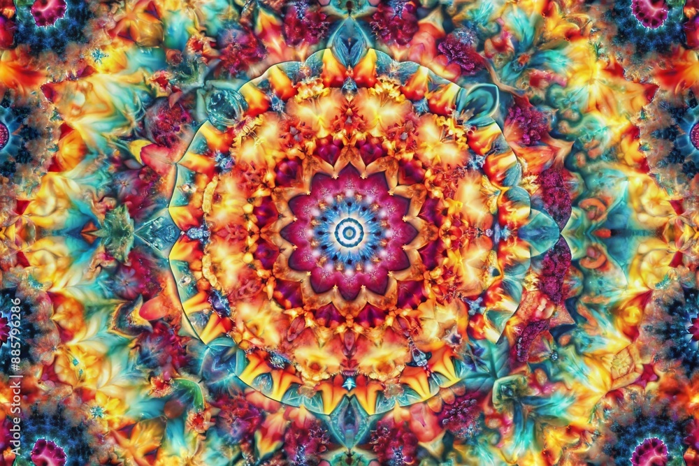Poster vibrant, mesmerizing abstract pattern featuring multiple layered iterations of a single image, creat