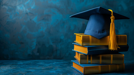 Graduation cap on the stack of blue and golden yellow books isolated in blue background with copyspace
