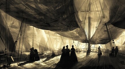 Vintage sepia daytime photo of people in 19th-century dress seen in silhouette aboard a fantastic flying sailing ship. From the series �Bad LSD.�