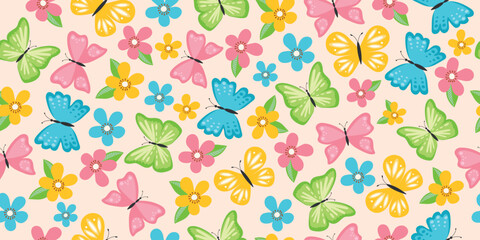 Cute cartoon and delicate butterflies with flowers. Seamless spring and summer pattern.