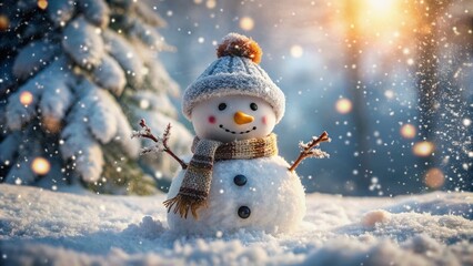 Whimsical little snowman with carrot nose and coal eyes stands alone in a blurred snowy winter wonderland, surrounded by soft white flakes and frosty air.