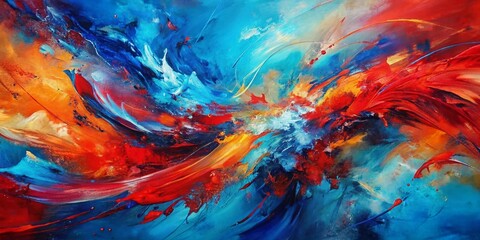 Vibrant red and blue abstract painting featuring dynamic brushstrokes and expressive textures, evoking a sense of kinetic energy and mesmerizing visual harmony.