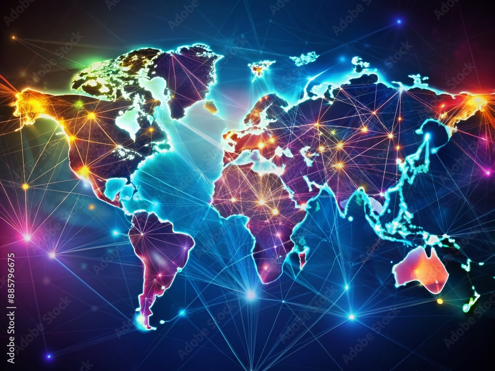 Poster vibrant abstract digital world map with glowing connections, pulsing data streams, and radiant nodes
